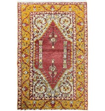 Antique Turkish Prayer Rug 3x5, Melas Oushak Accent Rug, Mehrab Red Mustard Gold