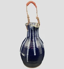 Vintage Studio Pottery Jug Vase 13" Drip Glaze Twisted Wire Handle Ceramic Art