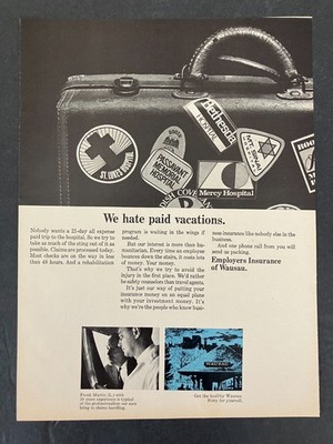 1968 Employers Insurance of Wausau Suitcase Travel Stickers B&W Vintage Print Ad