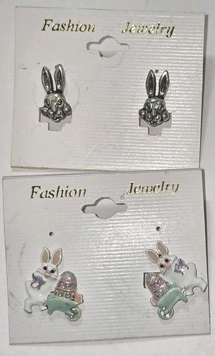 2 Pairs Of Vintage Easter Bunny Rabbit Earrings Silver Tone MJ, Enameled Metal - Picture 2 of 24