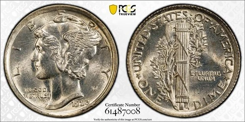1923 Mercury Silver Dime PCGS UNC Detail, Cleaned
