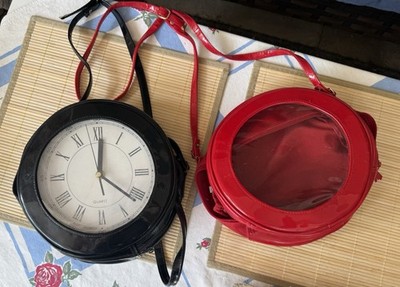 2 Vintage 80s Novelty Crossbody Round Working 1 Clock 2 Purses Red Black Patent