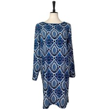 LOFT Shift Dress Boat Neck Long Sleeves Blue Multi Print Women’s Size Medium