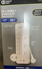 Commercial Electric Braided Cord 8-Outlet Surge Protector with USB White 12 Ft