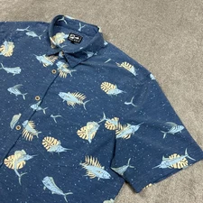 Pelagic Shirt Mens XL Button Up Blue AOP Fish Graphic Stretch Performance