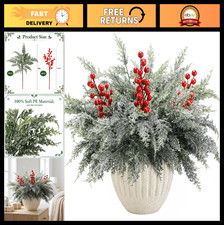 10 Pcs 18'' Christmas Snow Pine Branches with Red Berries & Norfolk Pine Stems