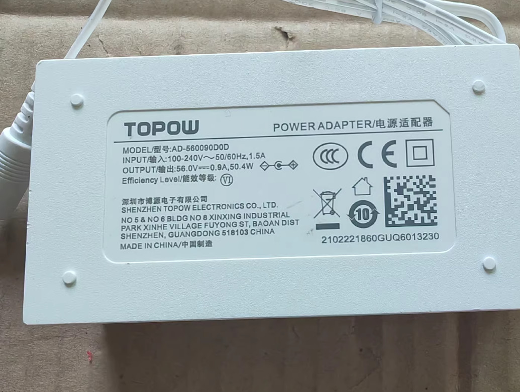 Topow AD-560090D0D 56V 0.9A 6.0*3.0 AC Adapter Power Supply Charger