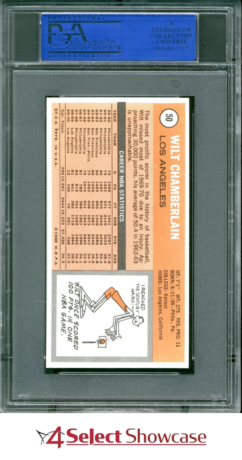 1970 TOPPS #50 WILT CHAMBERLAIN LAKERS HOF PSA 8 view 2