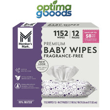 Member's Mark Premium Baby Wipes Fragrance Free 12 Pack 1152 Ct Sensitive Skin.