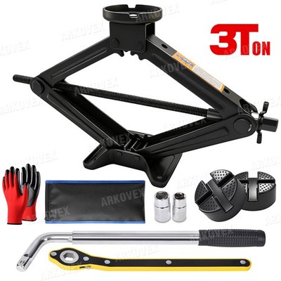 3T Car Scissor Jack Tire Lift Jack Wheel Lug Wrench Rubber Pad Emergency Tool