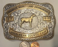 Vintage 2006 Metal Belt Buckle, Champion Market Lamb Showmanship, 4-H, Kern