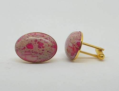Luxury oval semi-precious gemstone cufflinks, Peach Ocean Jasper cufflinks - 第 1/6 張圖片
