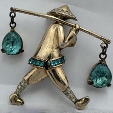 RARE CORO CRAFT STERLING SILVER AQUA RHINESTONE ASIAN WATER CARRIER BROOCH