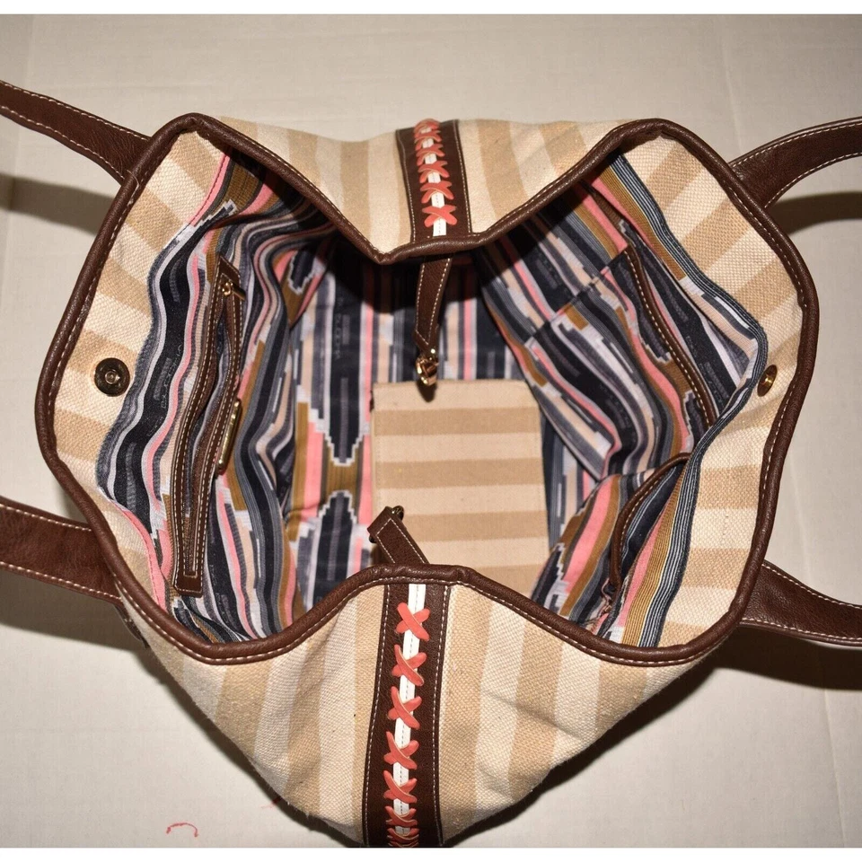 Bolso de Mano BIG BUDDHA $90 Interior Azteca Rayas Grande Lona Tostado/Crema Foto 4 de 4