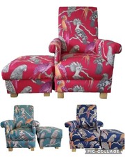 Adult Armchair & Footstool iLiv Aviary Garden Fabric Chairs Green Birds Jungle
