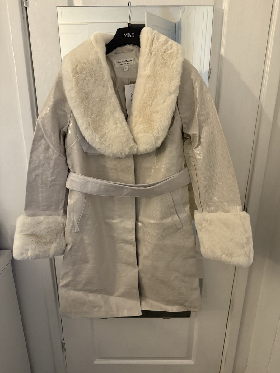 Miss Selfridge Faux Fur Trim Cuff and Collar Faux Leather Belted