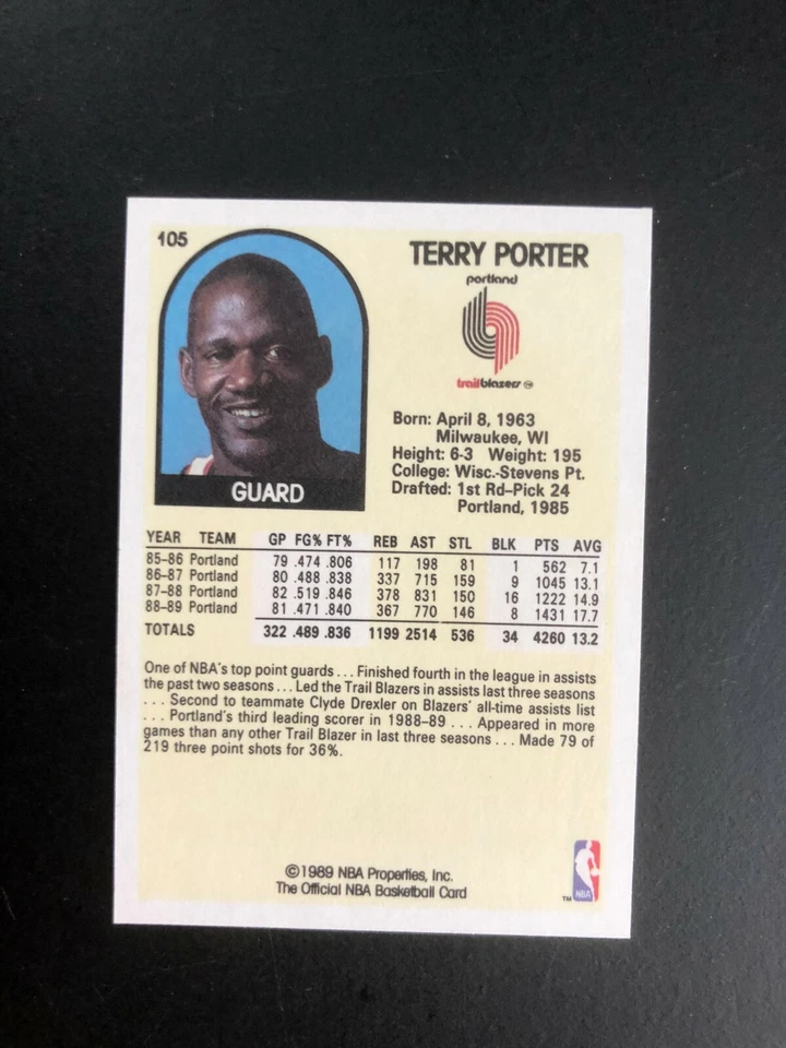 1989 TERRY PORTER NBA Hoops Portland Trailblazers  Basketball Card # 105 - Image 3 of 4