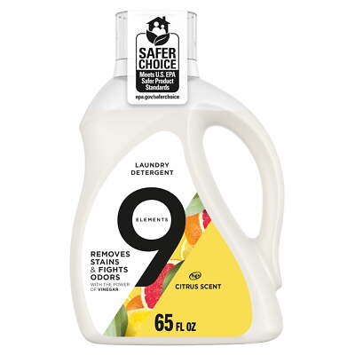 9 Elements Liquid Laundry Detergent, Lemon Scent, Vinegar Powered, 65 Fl Oz USA