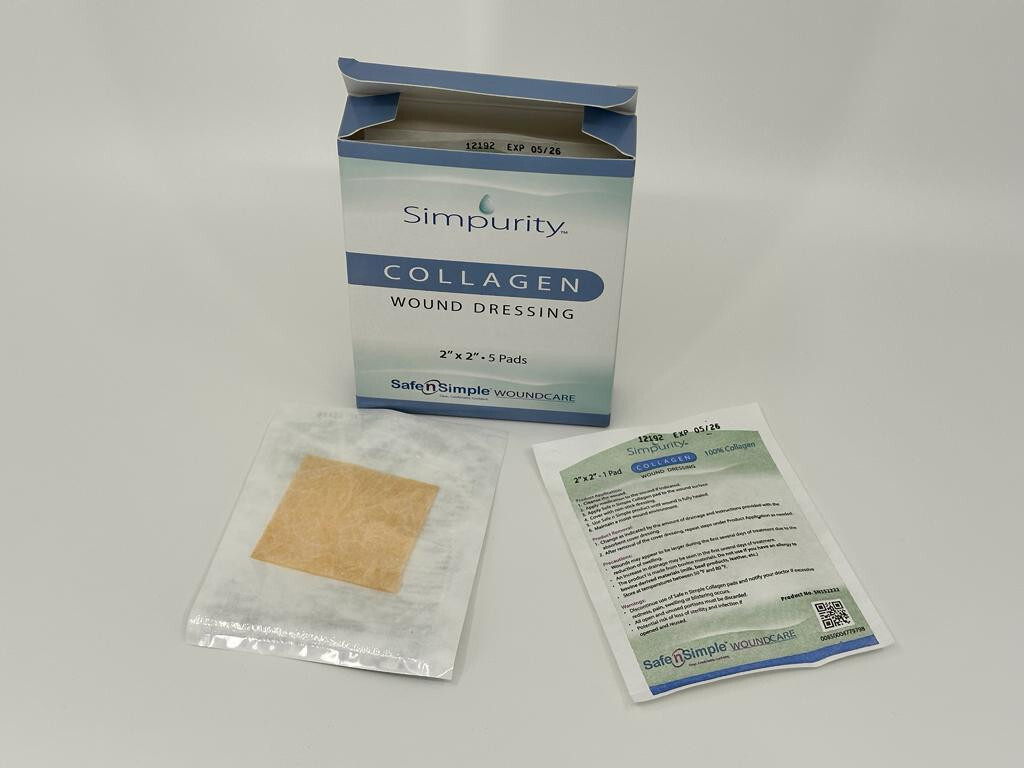 Simpurity Collagen Dressing Pads 2 x 2 In 5 Pack Collagen Pads for Wounds Non Adherent Collagen Dressing for Wound C