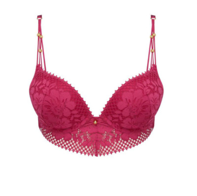Bras N Things 'Lilly' Pink Lace Balconette Plunge Push Up Bra Gold Hardware