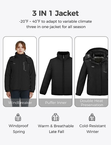 Wantdo Kid Girl Winter 3 in 1 Jacket Waterproof Fleece-Lined Puffer Jacket Coat - Picture 12 of 30
