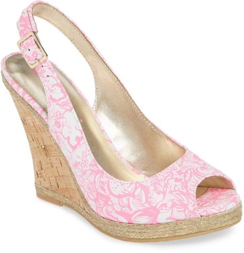New Lilly Pulitzer Krisie Wedges Heels Pink Floral Leather Cork Metallic  Size 9 | eBay