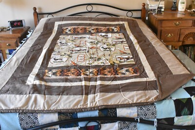 Browns & Tan Outdoorsman Theme Panel Quilt on Brown, 60'' x 80'', Handmade, Q24