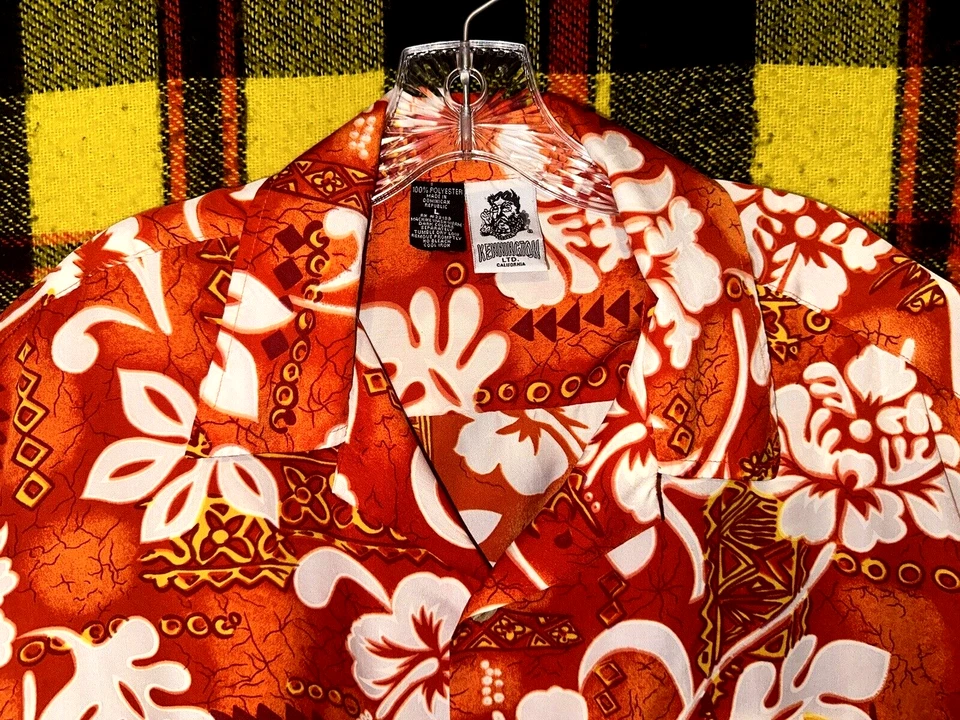 Camisa Hawaiana Kennington Para Hombre Talla Grande Naranja Estado Flor Hibisco Poliéster Foto 3 de 4