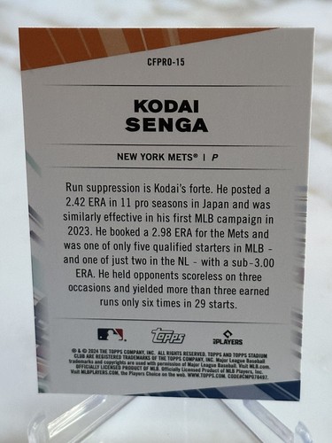 2024 Stadium Club CFPro #CFPRO15 Kodai Senga New York Mets - Picture 2 of 2