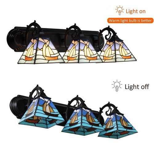 Tiffany Style 3-Light Wall Lamp 110V Sailboats Stained Glass Sconce Wall Lamp - Picture 5 of 24