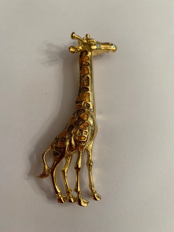 "Hermoso broche de mosaico de zoológico de animales vintage esmaltado dorado jirafa grande raro de 3,5"""