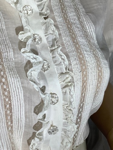 Blusa Top Vintage Encaje Algodón Eduardiano Manga Corta Botón Antigua Reliquia XS - Imagen 5 de 18