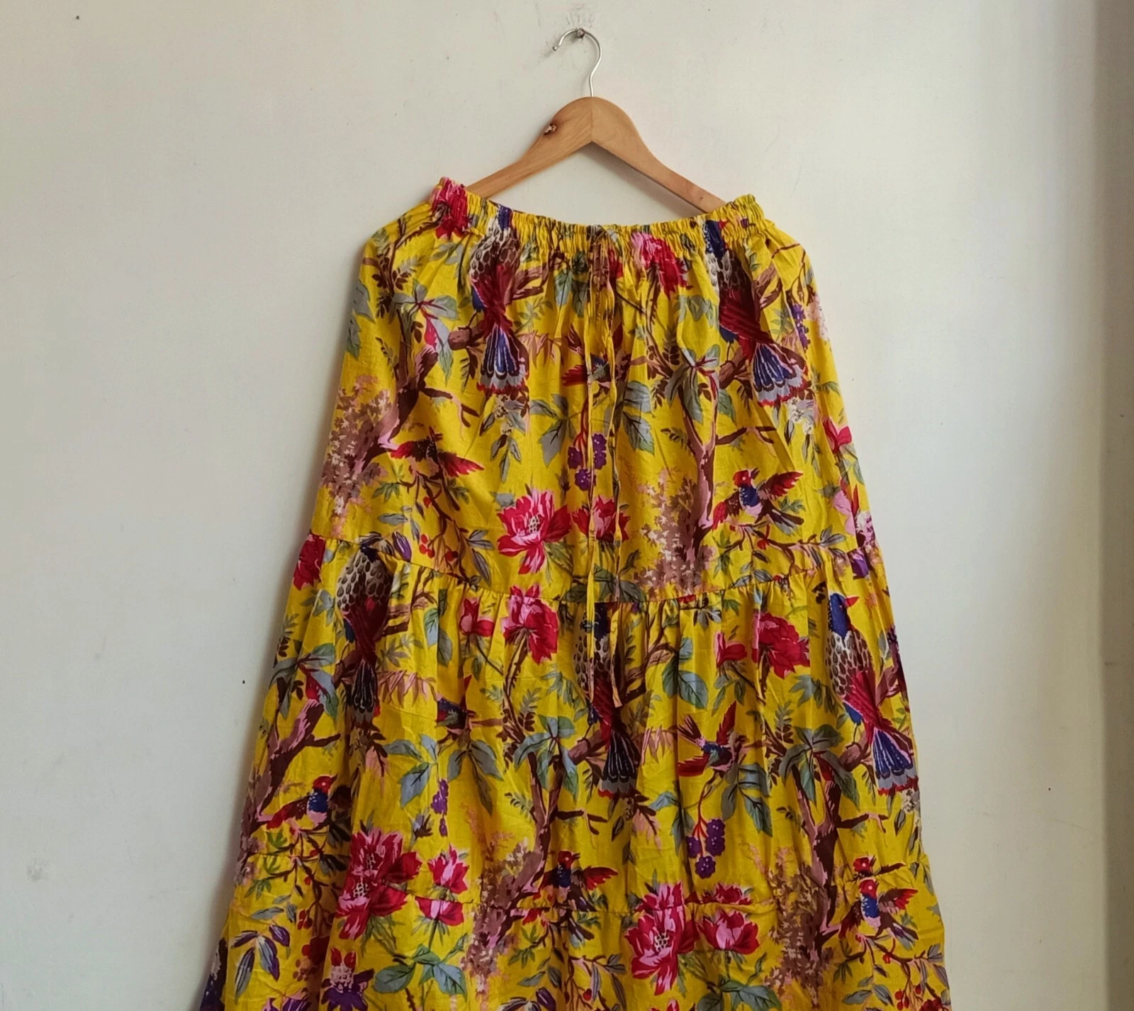 Indian Cotton Yellow Bird Frill Skirt Women Clothing Skirt Partywear Skirts US