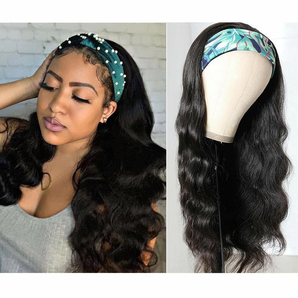 Women Long Black Wavy Headband Wigs Synthetic Adjustable with Free Scarf Cosplay