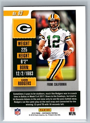 Aaron Rodgers 2018 Panini Contenders #63 Football NFL Card Green Bay  Packers QB