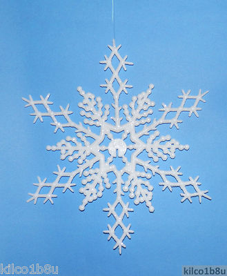 WHITE Plastic Snowflake Ornaments 6.5'' Glittered  6 pieces Winter Decor