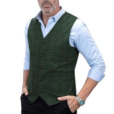 Mens Vintage Suit Vest Plaid Tweed Regular Fit Waistcoat Polka X-Small Green