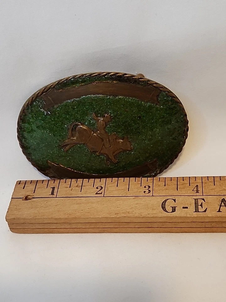 Vtg Nickle Silver Custom Made Emerald And Brass Front Bullriding Belt Buckle - Image 4 of 4