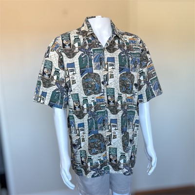 Avi Kahala Hawaiian Shirt Mens L Handcrafted Hawaii Fishing Boat Shark Dock Beer