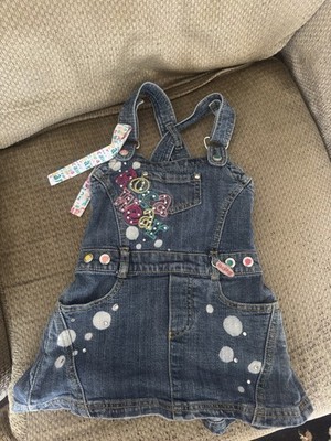 Roca Wear Y2K Girls 3T Blue Denim Overall Dress Rhinestone Embroidery 