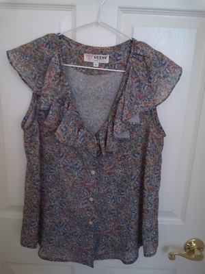 Women's Guess Vintage 90s  Sleeveless Ruffled V Neck Button Down Top 