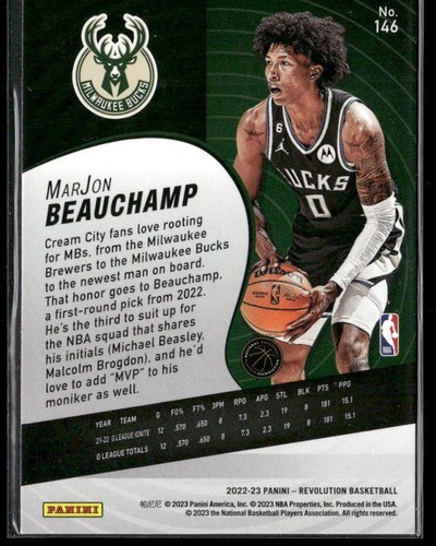 2022-23 Panini Revolution MarJon Beauchamp RC #146 Milwaukee Bucks - Picture 2 of 2