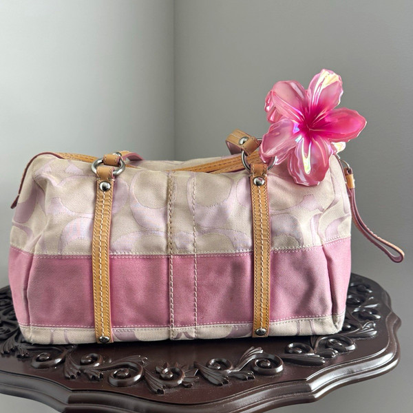 Coach Pink/Beige Logo Satchel Top Handle Bag, Zip Closure, Silver Hardware