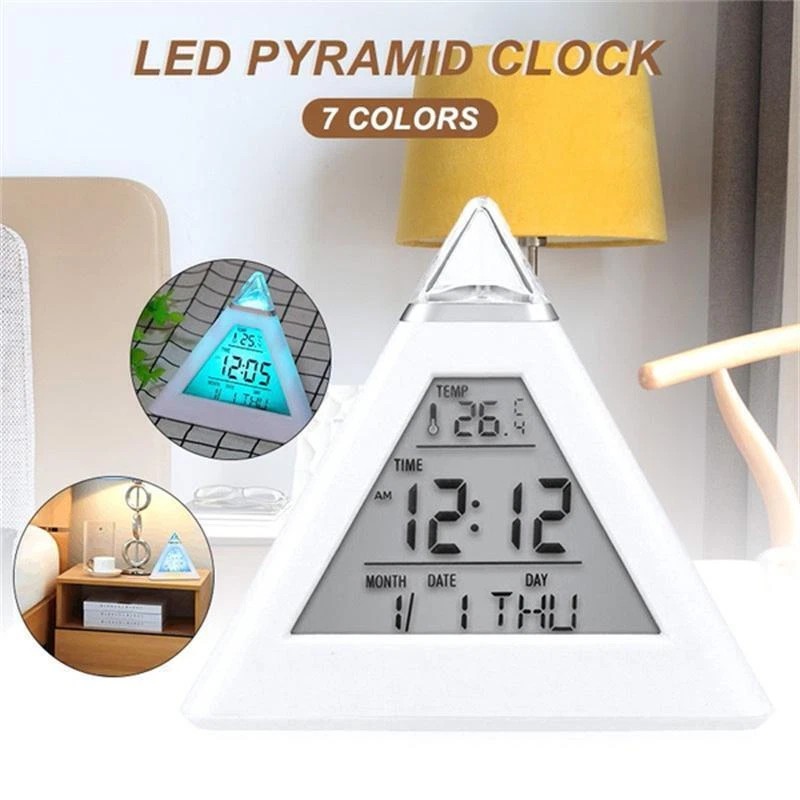 7 Color Alarm Clock Pyramid Changing Timer Night Light Temperature Date