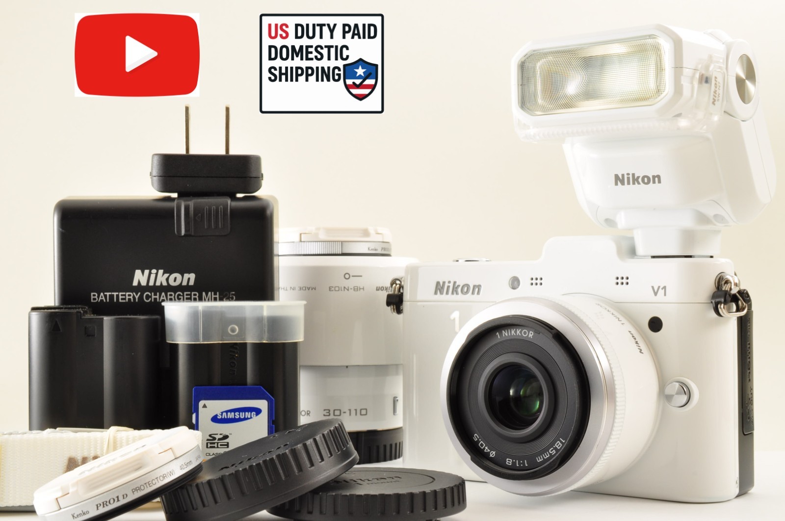 [Top Mint+] Nikon 1 V1 White Mirrorless Camera w/ 18.5mm &amp; 30-110mm Lens US OR