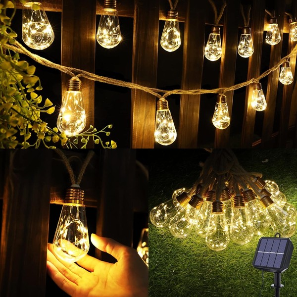 Solar Lichterkette AußEn 6,4M 16 GlüHbirnen Wetterfest Warmweiß Garten Deko-image