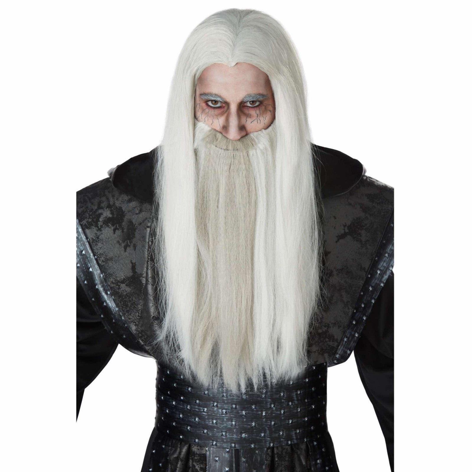 Mago Oscuro Hechicero Mago Medieval Gris Hombre Disfraz Peluca Bigote y Barba