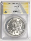1891 Morgan "ANACS MS62"🔥LUSTEROUS/ HAIR, WINGS, BREAST/ BEAUTIFUL COIN💥 ✅