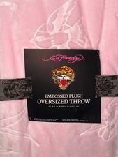 Ed Hardy Embossed Plush Oversized Throw Blanket Pink Swallow Tattoo NWT 60x70