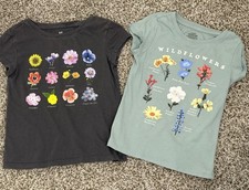 Girls GAP Kids Casual Flower Cotton T-shirts Gray Green S 6/6X